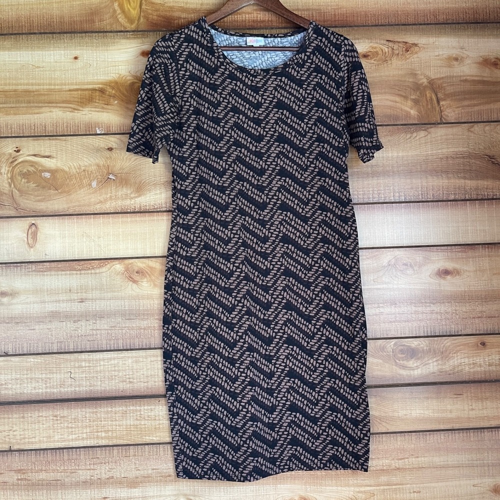 LuLaRoe Julia Dress Medium‎ Black Brown T-Shirt Short Sleeve Bodycon Stretch